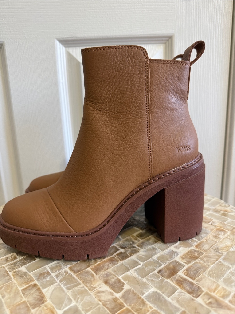 TOMS Brown Leather Chunky Platform Ankle Boots